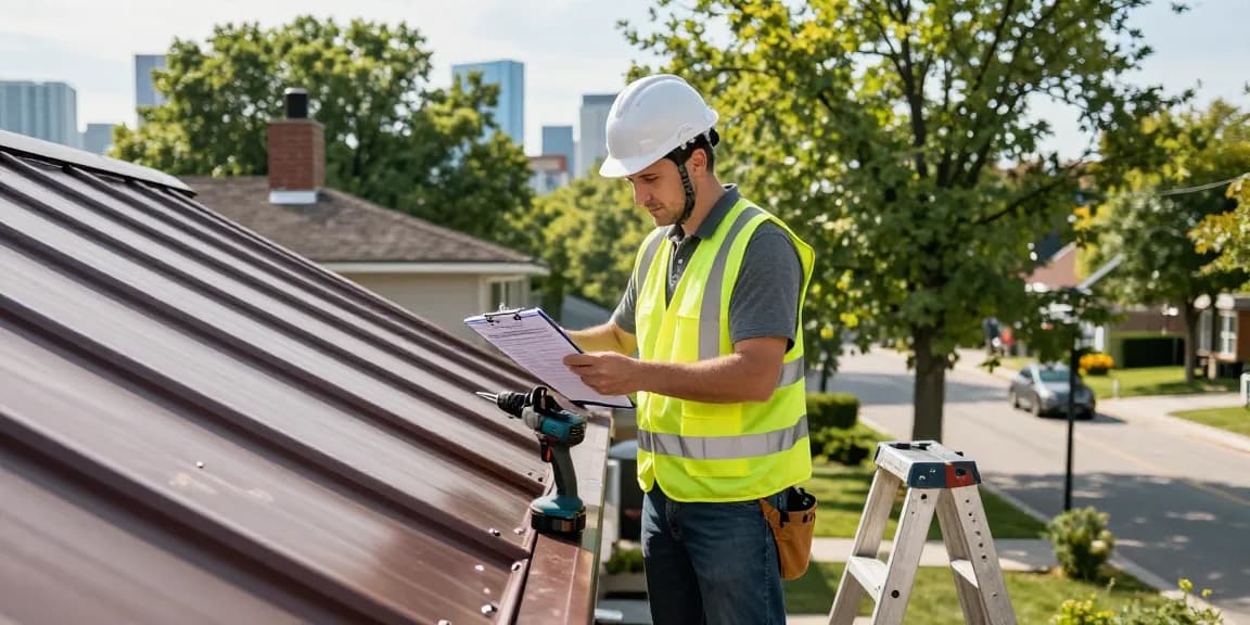 Metal roof contractors inspecting a new installation in Toronto, showing tools and urban backdrop.