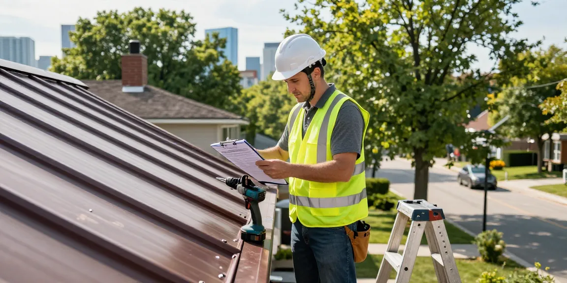 Metal roof contractors inspecting a new installation in Toronto, showing tools and urban backdrop.