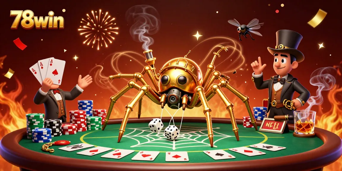 Catch the thrill of 78win with a vibrant 3D steampunk spider webbing golden chains in a casino scene.