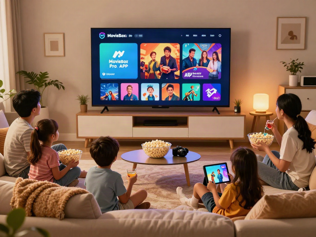 Family enjoying a movie night with MovieBox Pro APK on the TV, cozy living room atmosphere.