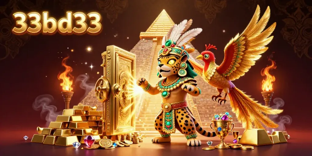 Engage with dynamic 33bd33 casino scene showcasing a Mayan jaguar priest and treasures in 3D.