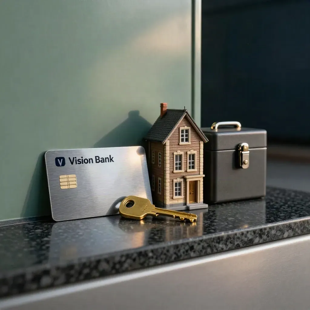Brushed-metal Vision Bank card, brass key, townhouse and lockbox in moody vault light.
