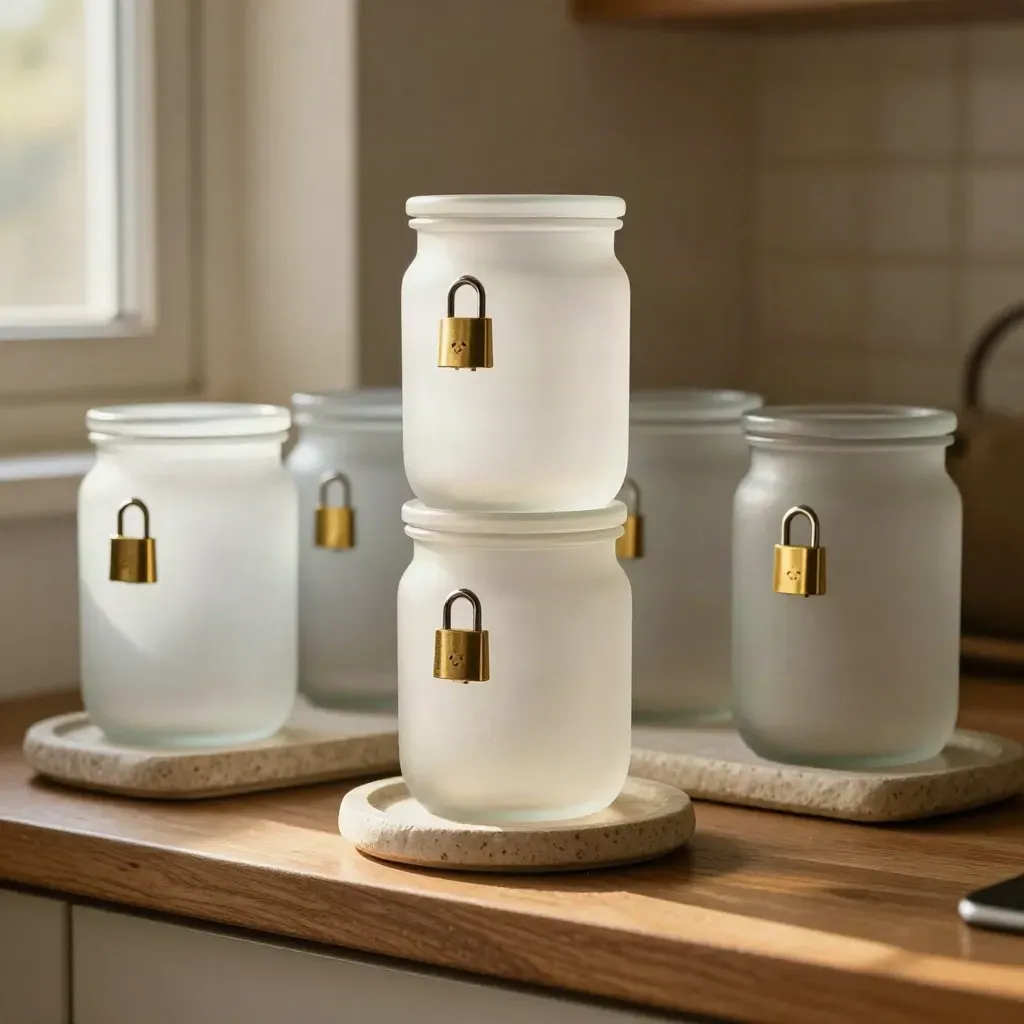 Frosted savings jars and brass lock on a kitchen shelf in warm afternoon light.