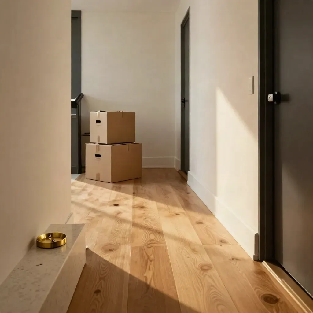 Toronto townhouse foyer with moving boxes and a brass key dish, warm oak floor, mortgage closed.