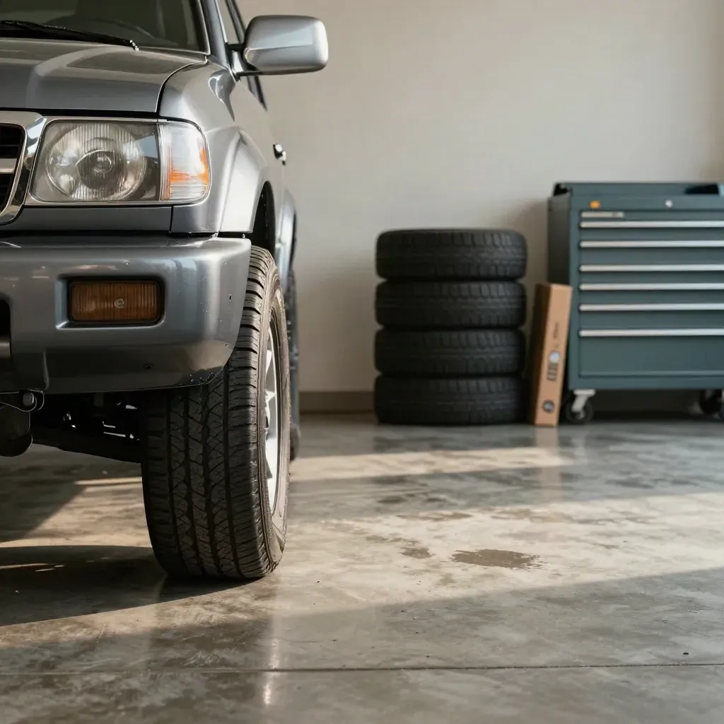 Restored family SUV beside new tires and a muted teal tool chest in a clean garage.