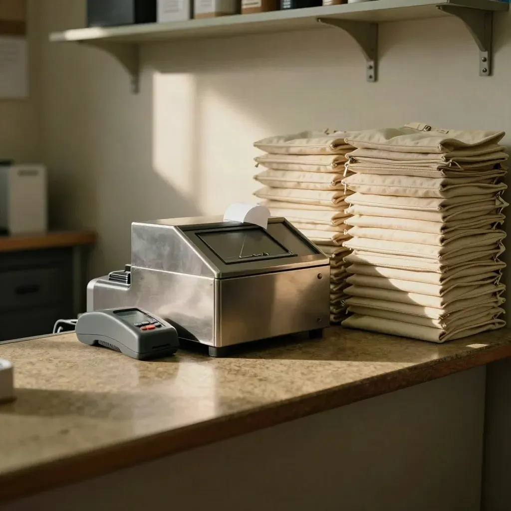 Small shop cash corner with till, card terminal, receipt roll and stacked deposit pouches in moody light.