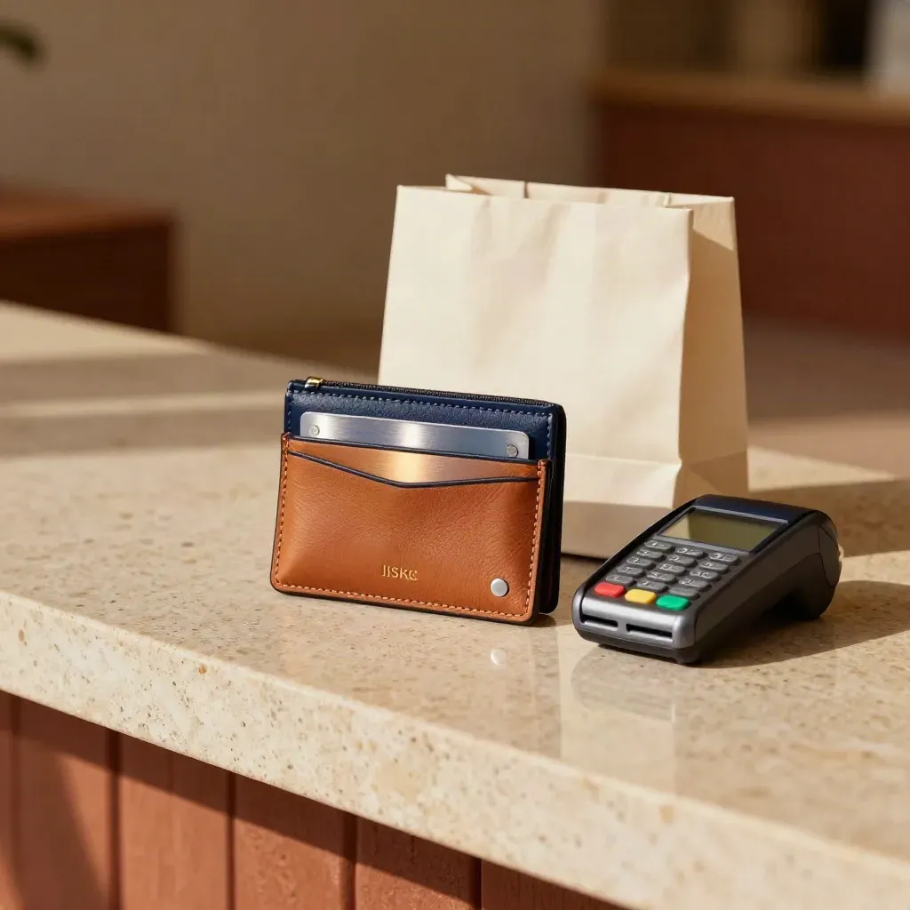 Card wallet, contactless terminal, and small retail bag on a stone bench in warm light