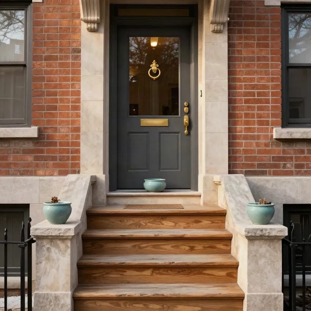 Toronto semi-detached home entry with oak steps, brass knocker, and teal key bowl in warm late light.