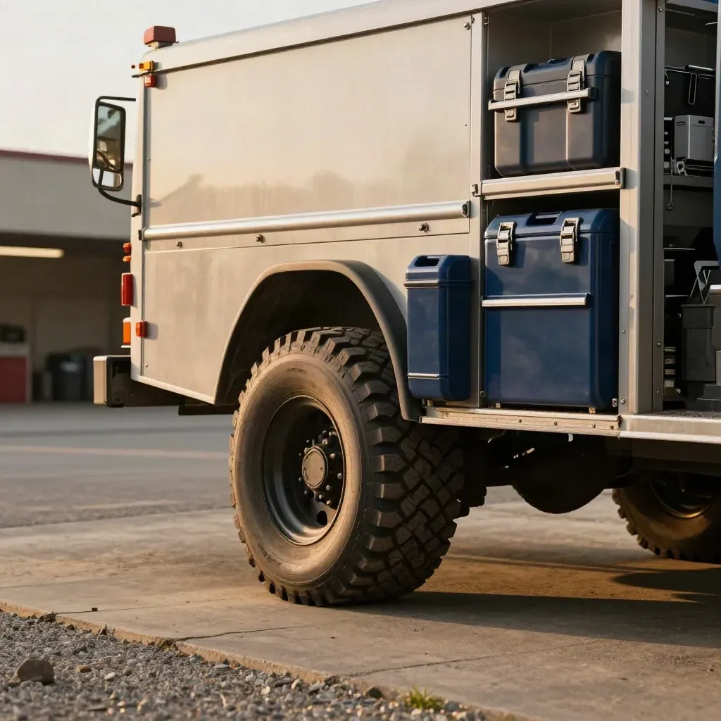 Repaired service truck with fresh tires and a closed tool chest on a dusty curb in warm light.