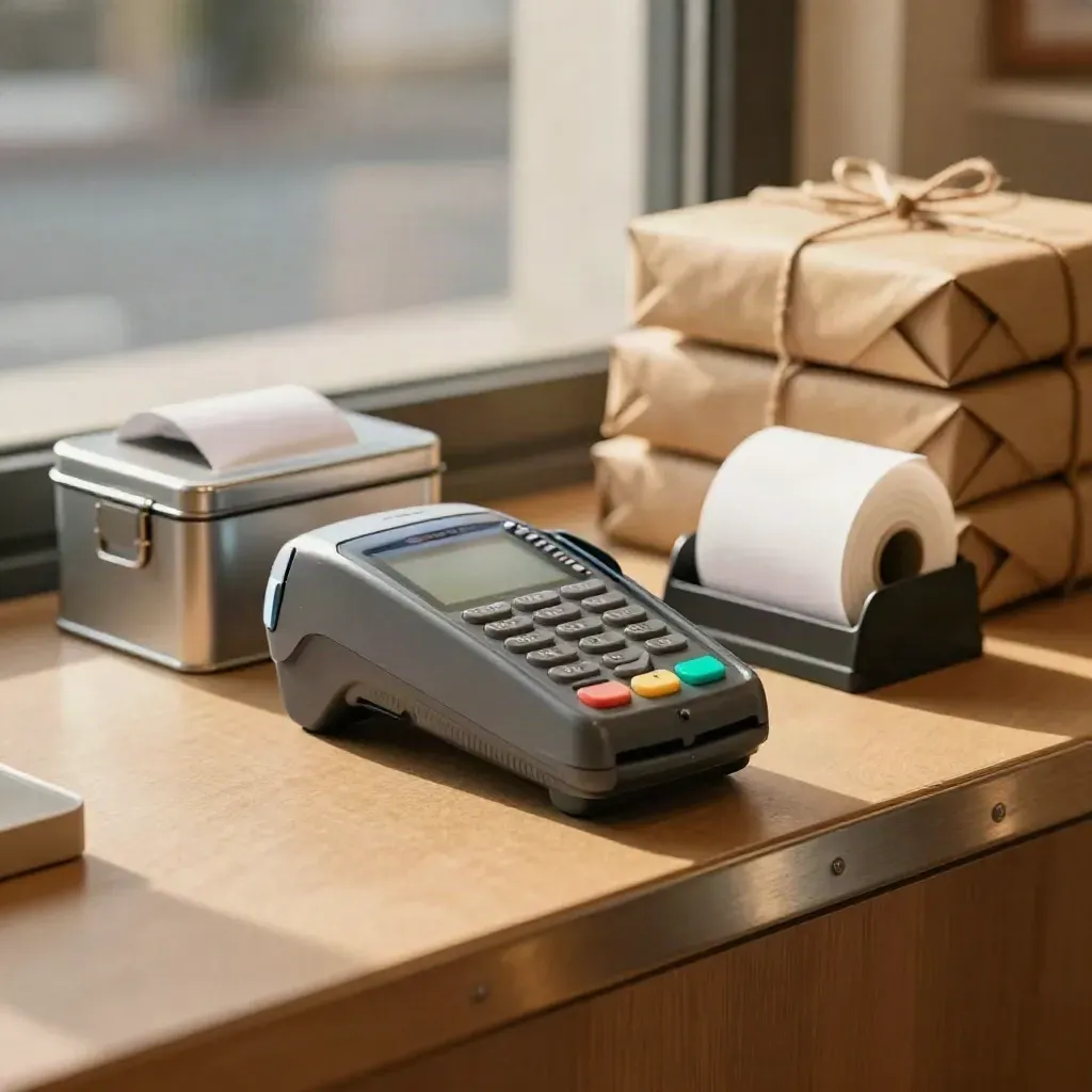 Card terminal beside a closed cash tin and parcels on a boutique counter