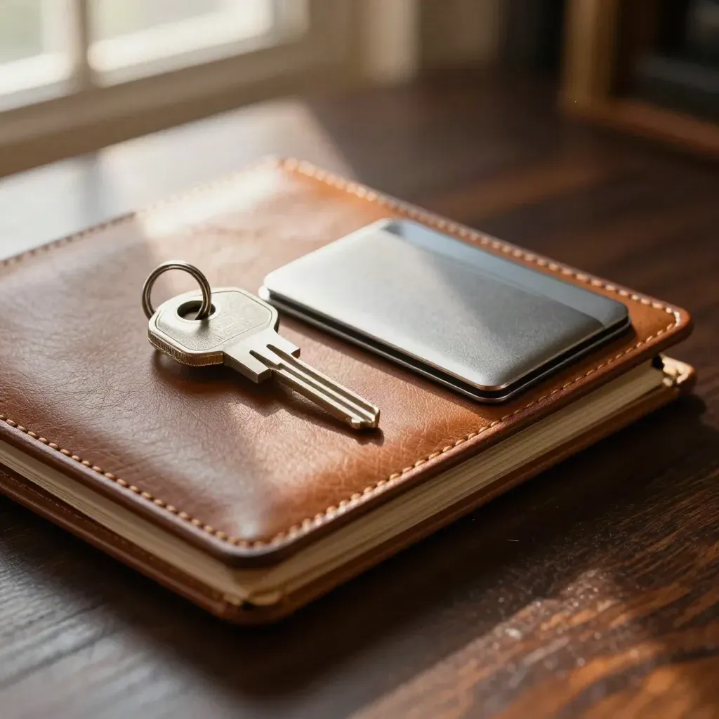 Leather appointment folio, polished house key, and metal card sleeve on a dark oak desk
