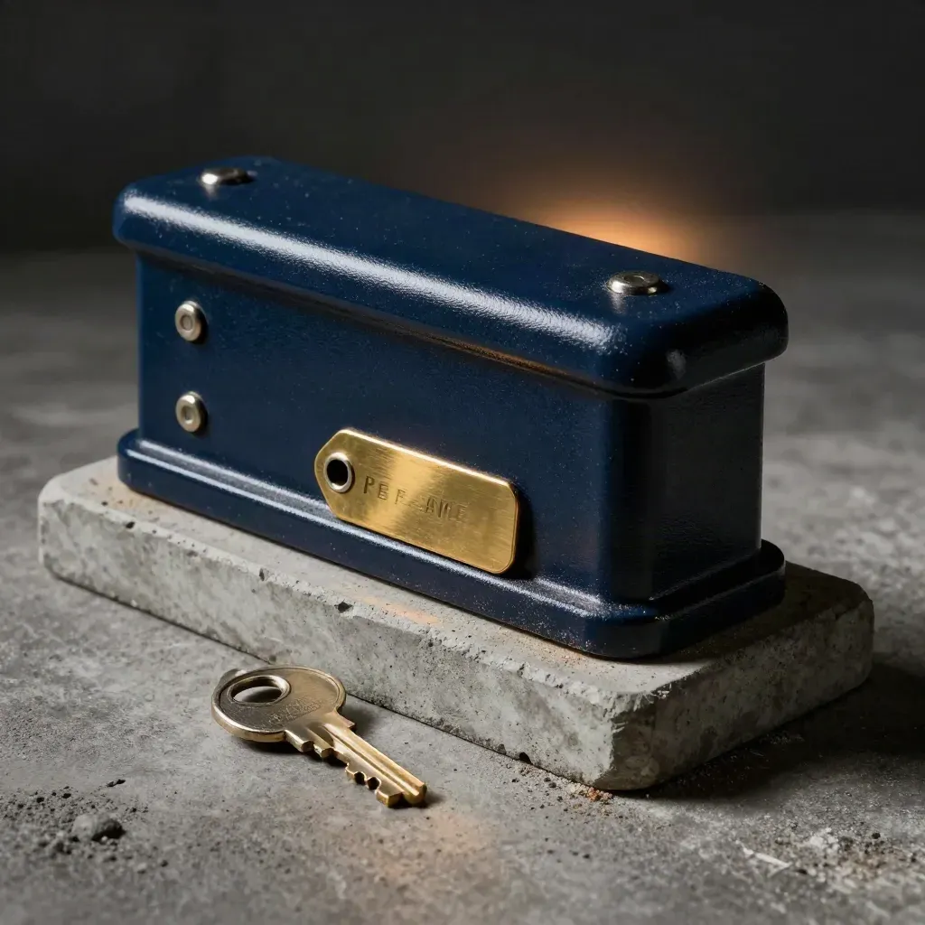 Merchant terminal cradle, brass deposit tag and lockbox key on concrete under dramatic studio light.