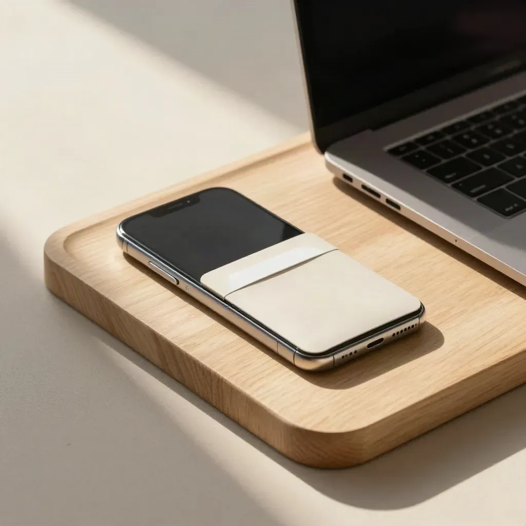 Smartphone, closed laptop and card sleeve on a pale wood tray in soft side light.