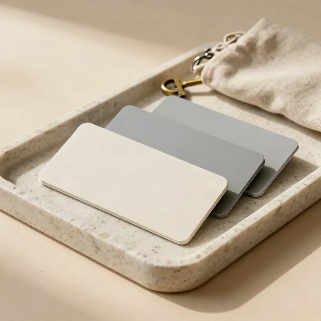 Three bank card sleeves, a brass key, and folded pouch on a travertine tray