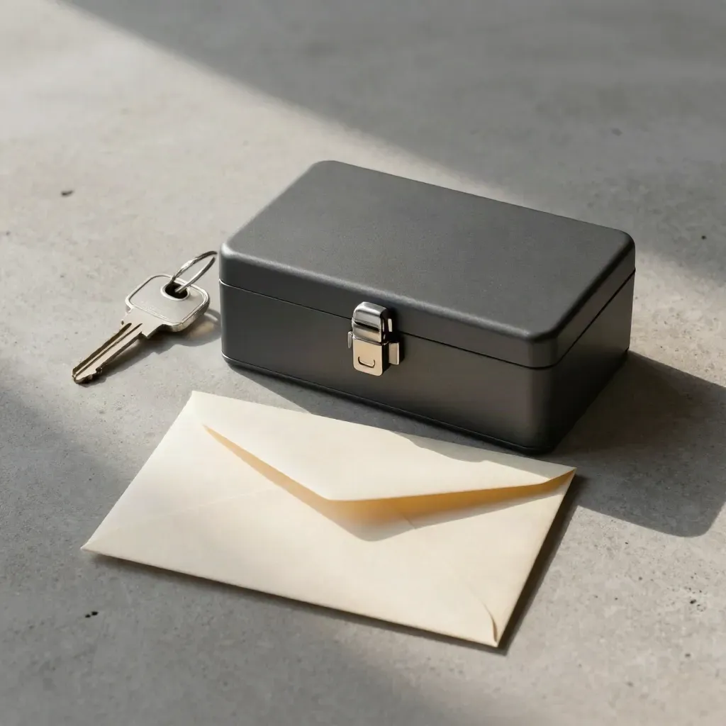 Overhead lockbox with card sleeve, key and welcome envelope on concrete