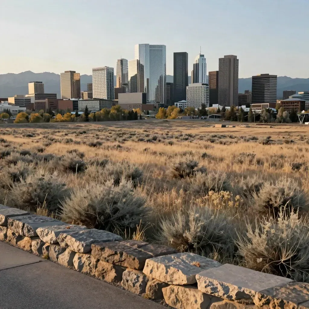 Calgary skyline above prairie grass with faint Rockies in golden haze