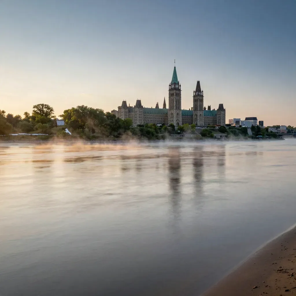 Ottawa River at dusk with Parliament Hill high on the horizon and calm misty water below
