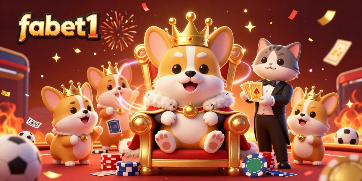 Experience winning excitement with fabet1, featuring corgis in a vibrant casino scene.