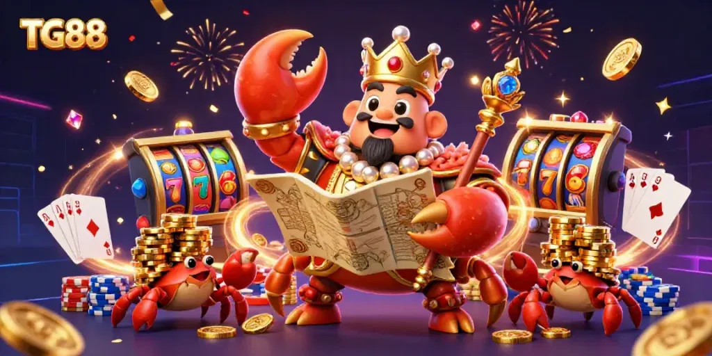 Experience thrilling gaming at TG88 with a golden crab emperor presiding over colorful slots and vibrant treasures.