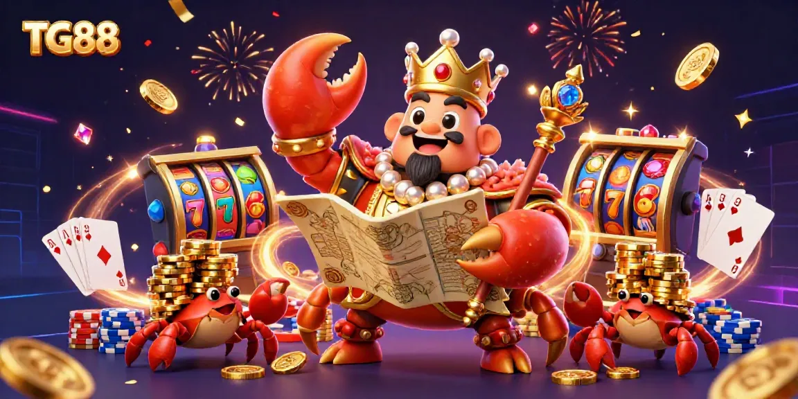 Experience thrilling gaming at TG88 with a golden crab emperor presiding over colorful slots and vibrant treasures.