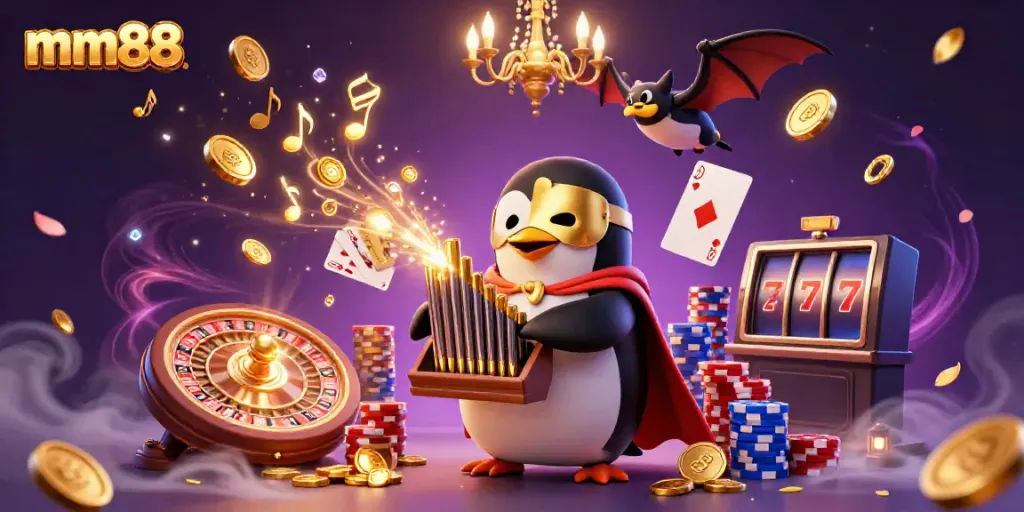 mm88's vibrant casino scene featuring a penguin organist showering golden coins with acrobatic elements.
