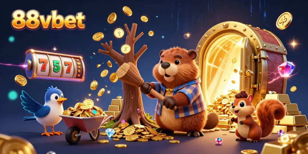 Engage with thrilling wins at 88vbet, featuring exciting money rain from a tree in a vibrant casino scene.