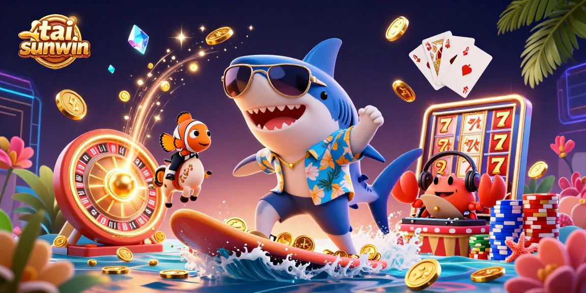 Experience the thrill of tai sunwin with vibrant characters and dynamic casino games in this illustration.